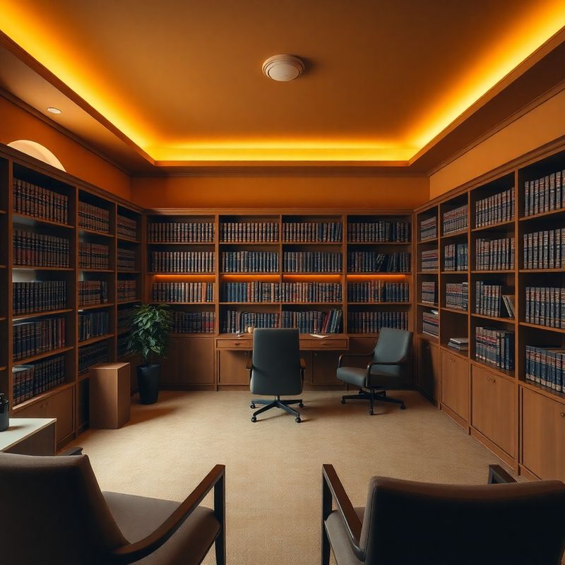 Interior de birou boutique din Craiova, tonuri antracit și aur, bibliotecă din lemn cu volume juridice